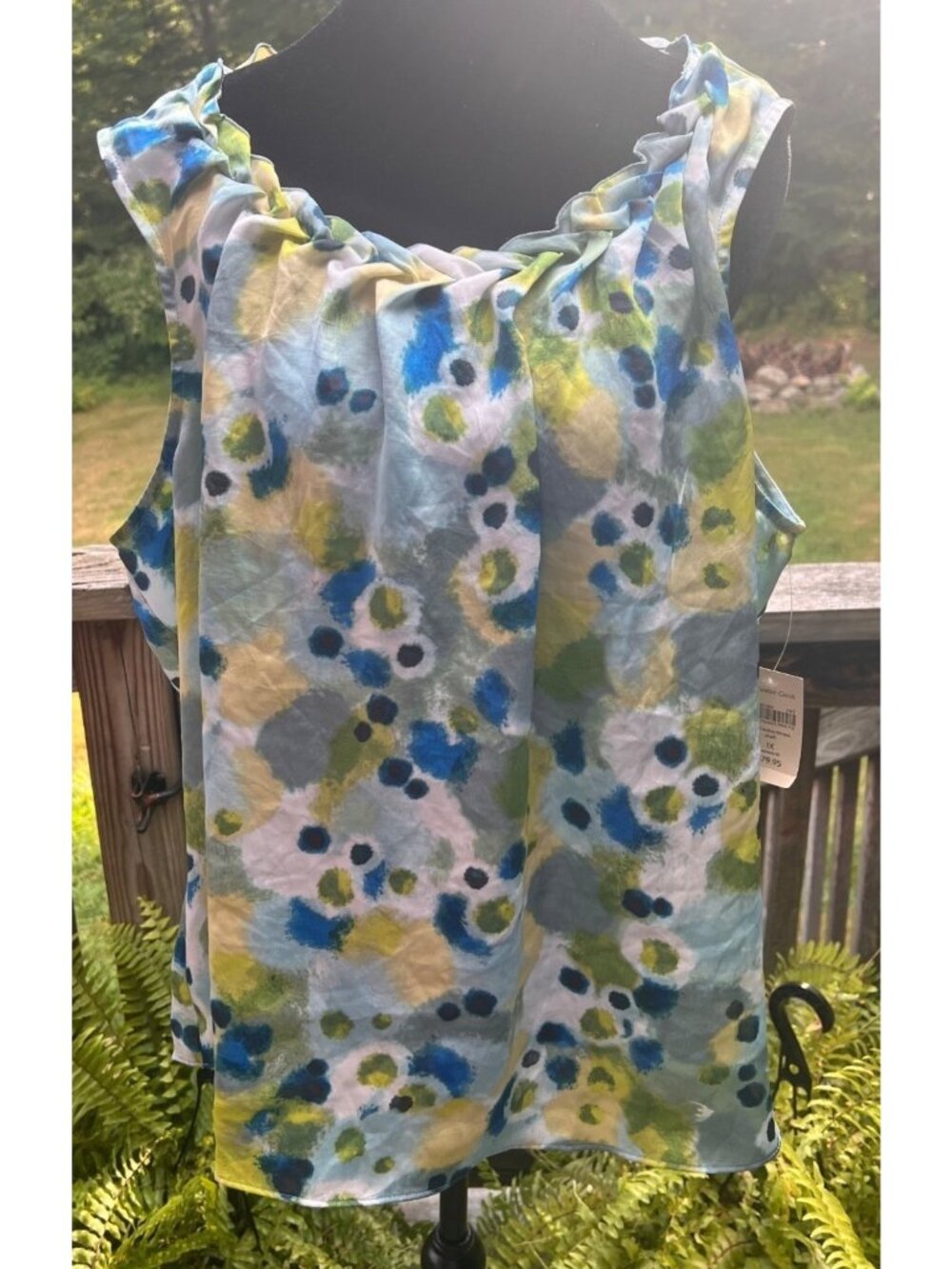 Coldwater Creek Womens 1X Cool Waterdrops Sleeveless Shell Top With Ruffled Neck